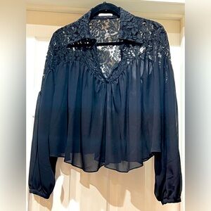 Mustard Seed Cropped Sheer Lace top Sz S